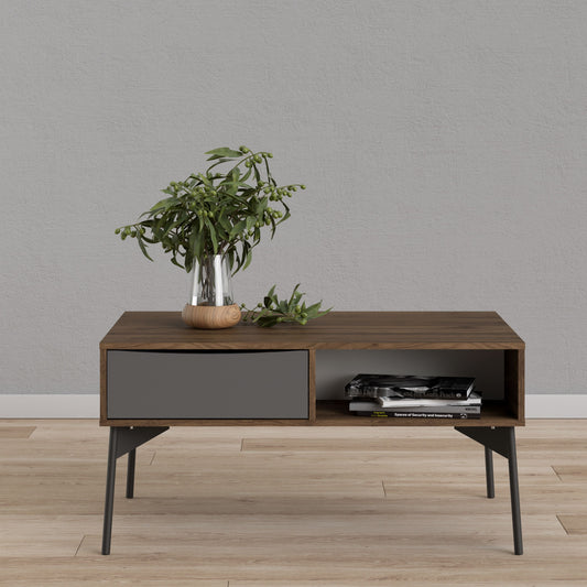 Fur Coffee Table with 1 Drawer in Grey, White and Walnut