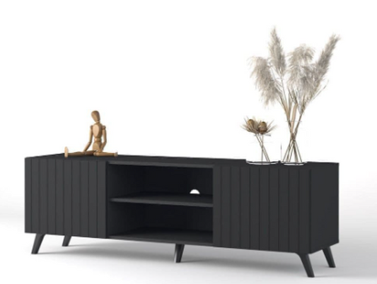 Matte Black Atlantis TV Cabinet with Vertical Grooves and Storage - Delight Fittings