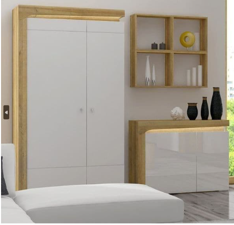 Canada Wardrobe with Lights and Two Doors in Oak Effect and White Gloss