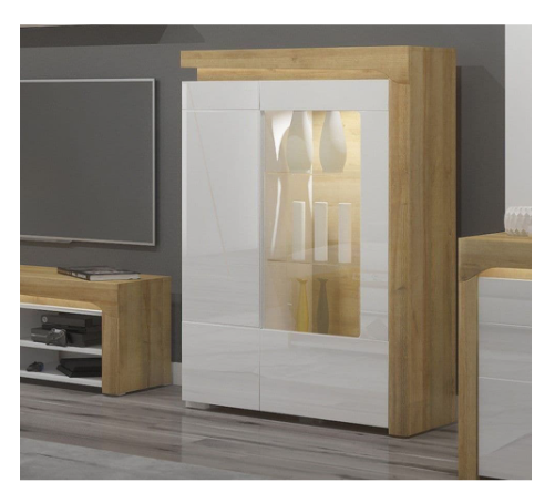 Canada Oak Effect And White Gloss Low Wide Display Cabinet with LED Lights