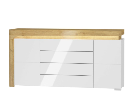 Canada Oak Effect And White Gloss 2 Door / 4 Drawer Sideboard With Lights