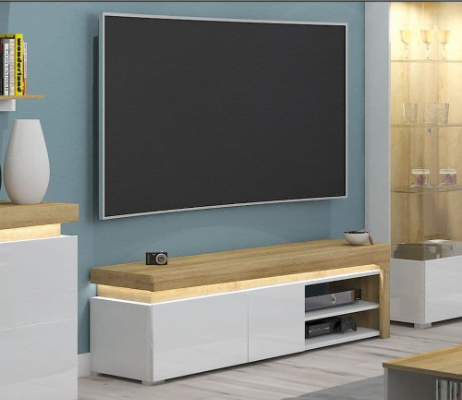 Canada Oak Effect And White Gloss TV Unit With Lights