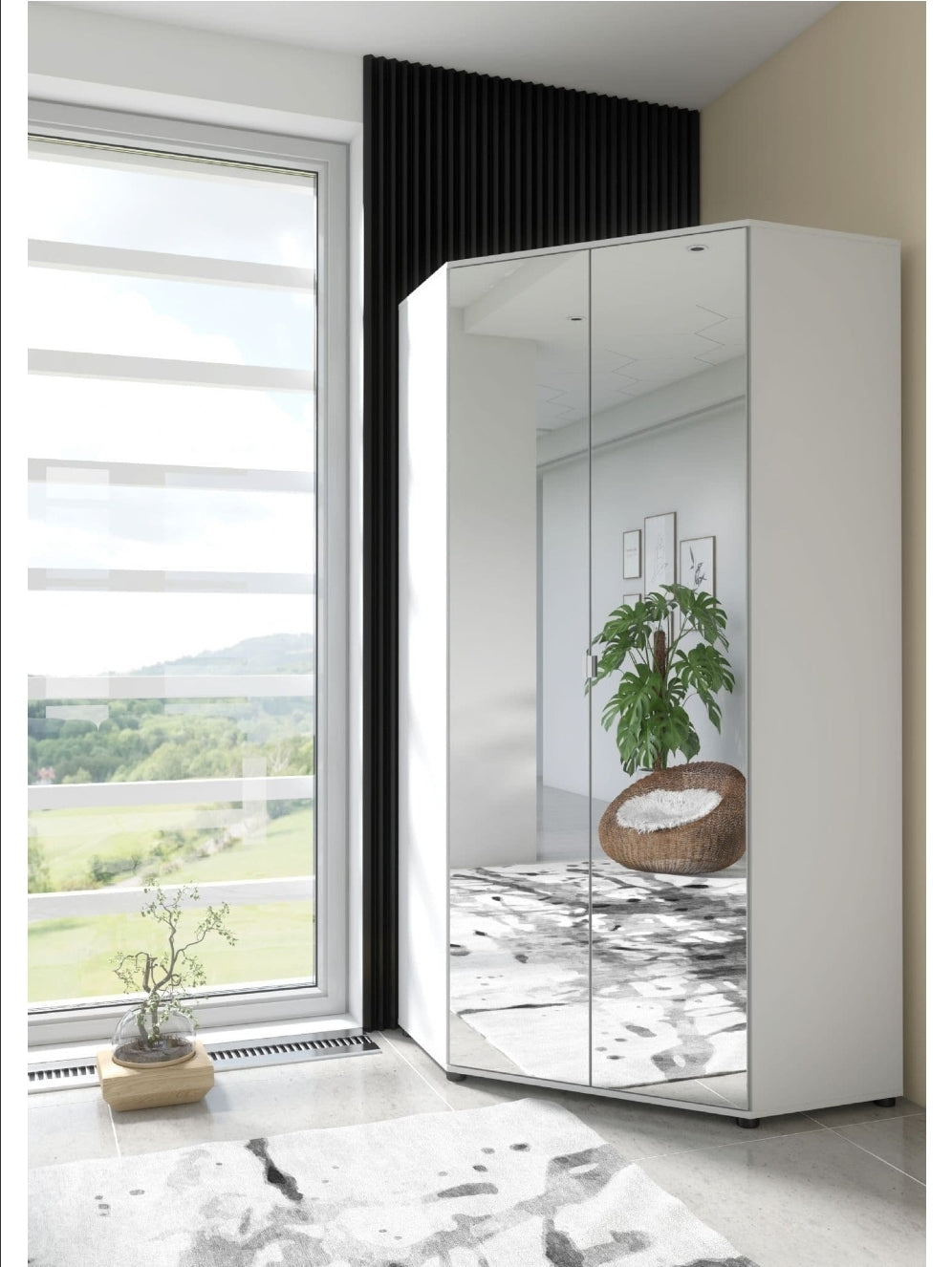 Santana Full Mirrored and White 2 Door Corner Wardrobe