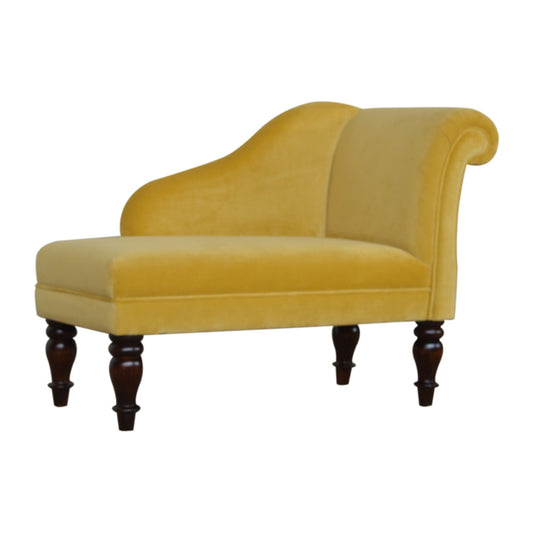 Mustard Yellow Cotton Velvet Chaise Lounge with Solid Wood Legs