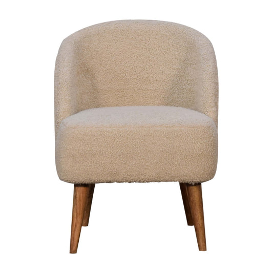 100% Cotton Boucle Tub Chair with Solid Mango Wood Legs - Cream Color