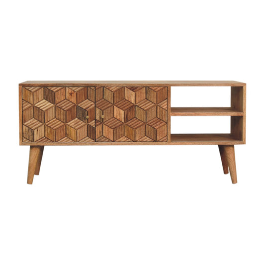 Media Unit with Oak Finish and Cubed Carved Design - Cubana Collection