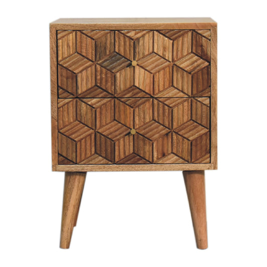 Bedside Table with Oak Finish and Cubed Carved Design - Cubana Collection