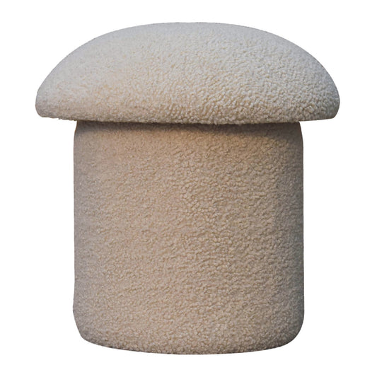 100% Cotton Cream Boucle Mushroom Footstool with Solid Mango Wood Base