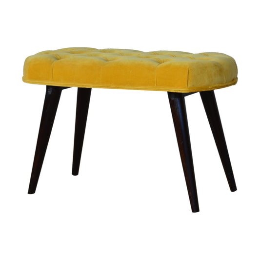 Deep Buttoned Mustard Velvet Bench with Solid Wood Legs