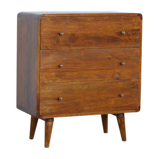 Mango Wood Curved Chest of Drawers with Chestnut Finish and Brass Knobs