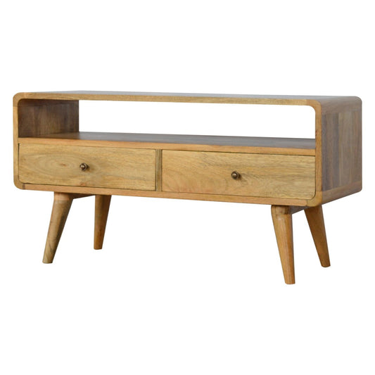 Mango Wood Curved Media Unit with 2 Drawers - Oak Finish