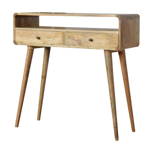 Mango Wood Curved Console Table with Oak Finish and 2 Drawers